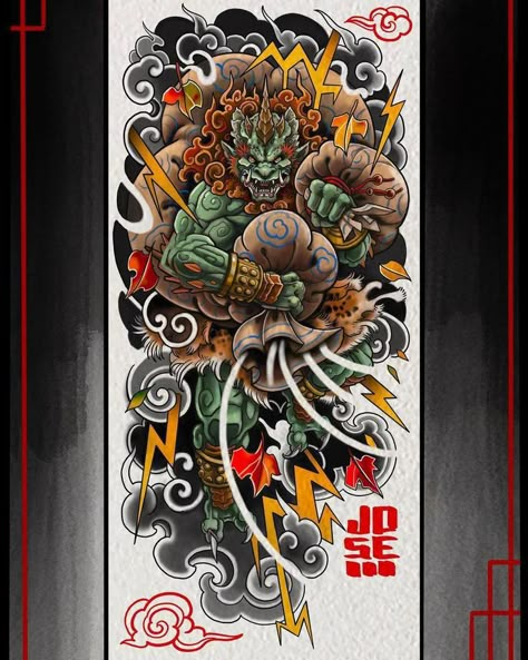 Raijin Tattoo, Japanese Water Tattoo, Wind God, Japanese Leg Tattoo, Traditional Japanese Tattoo Designs, Dragon Tattoo Sketch, Oni Tattoo, Backpiece Tattoo, Skull Art Tattoo