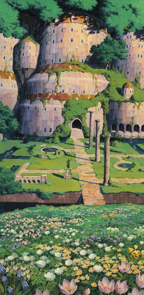 The mystery in this moss-ridden castle invokes a sense of wonder in the world created. Ghibli Drawing, Kazuo Oga, Ghibli Background, Ghibli Poster, Studio Ghibli Films, Art Studio Ghibli, Fantasy Scenery, Personajes Studio Ghibli, Studio Ghibli Background