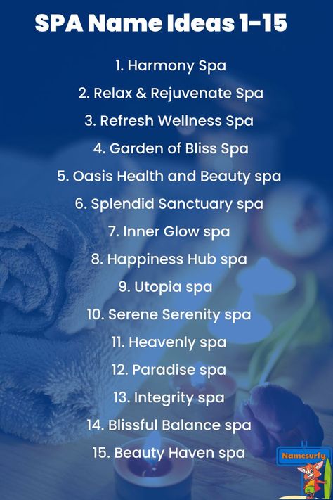 List of SPA Names ideas Spa Names Ideas, Spa Names, Spa Business, Names Ideas, Name Ideas, Wellness Spa, Beauty Spa, Business Names, Health And Beauty