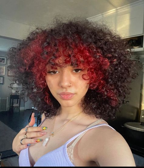 Half Colored Curly Hair, Black With Red Highlights Curly Hair, Red Ends Curly Hair, Curly Hair With Dyed Ends, Hair Dye For Short Curly Hair, Curly Dyed Hair Natural Curls Red, Red And Black Hair Curly, Curly Colored Hair Aesthetic, Under Hair Dye Curly