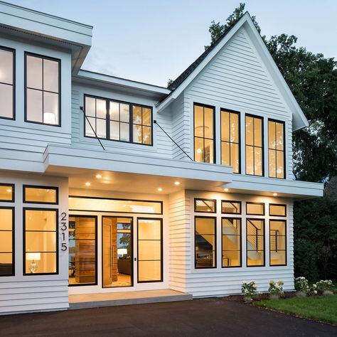 Modern beach cottage | Marvin Black Windows Exterior, Modern Beach Cottage, Marvin Windows And Doors, Marvin Windows, Sliding French Doors, Farmhouse Windows, Architecture Model Making, Modern Farmhouse Exterior, White Windows