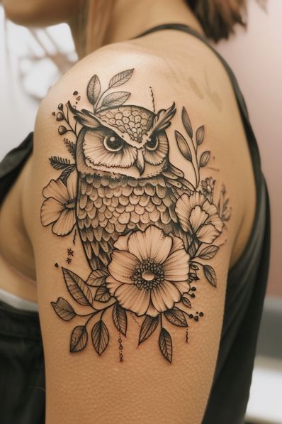 28+ Owl Tattoo Ideas & Designs Owl Flower Tattoo For Women, Owl On Books Tattoo, Owls And Flowers, Owl Shoulder Tattoos For Women, Owl Shoulder Tattoo, Owl And Flower Tattoo, Women Hand Tattoos Ideas, Owl Tattoos For Women, Scapula Tattoo