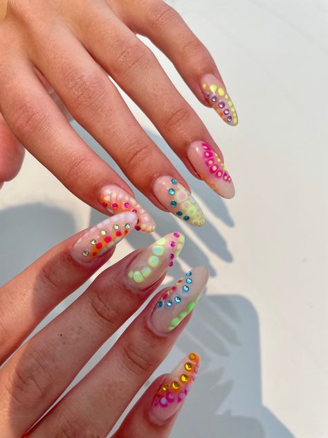 Summer Gem Nails, Nails For Festival Summer, Nail Inspiration Festival, Colorful Festival Nails, Lost Lands Nail Ideas, Edc Nails Designs Almond, Nail Art Designs Funky, Festival Nails Summer Coachella, Nails For Ibiza