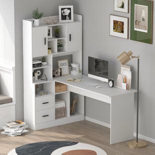 Isabelle & Max Watchet Computer Desk | Wayfair.co.uk Desk With Side Shelves, Desks With Bookshelves, Corner Computer Desk Ideas, Hutch Bookshelf, L Shaped Desk With Shelves, Teen Desks, Corner Desk With Shelves, Desk For Studying, Desk With Bookshelves