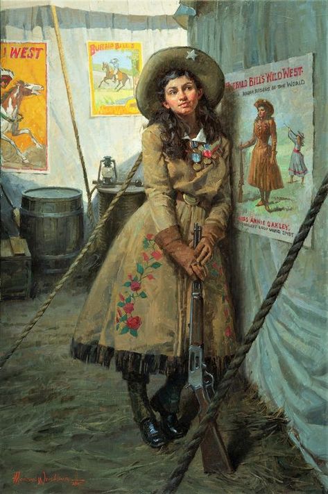 "Annie Oakley, the Peerless Wing & Rifle Shot" is a new painting by Morgan Weistling Cowgirl Outfits Old West, Old West Paintings, Cowgirl Aesthetic Drawing, Annie Oakley Tattoo, 1800s Western Fashion, Old West Doctor, 1800s America, Wild West Character Design, Western Vintage Aesthetic