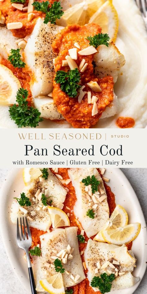 Elevated Recipes, Pan Seared Cod, Seared Cod, Cod Fillets, Fish Cakes Recipe, Parsnip Puree, Romesco Sauce, Large Serving Trays, Beef Tips