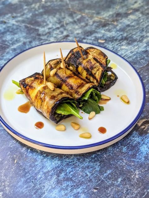 Grilled Mediterranean Stuffed Eggplant Rolls Recipe – Kouzounas Kitchen Savory Pies Vegetarian, Stuffed Eggplant Rolls, Chicken Souvlaki Marinade, Beef Eggplant, Meze Recipes, Souvlaki Marinade, Balsamic Reduction Sauce, Eggplant Rolls, Stuffed Eggplant