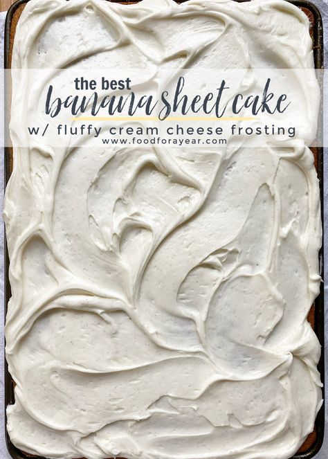 Banana Sheet Cake Recipe, Banana Sheet Cake, Banana Sheet Cakes, Fluffy Cream Cheese Frosting, Sheet Cake Recipe, Cream Cheese Frosting Cake, Banana Bars, Texas Sheet Cake, Banana Cake Recipe