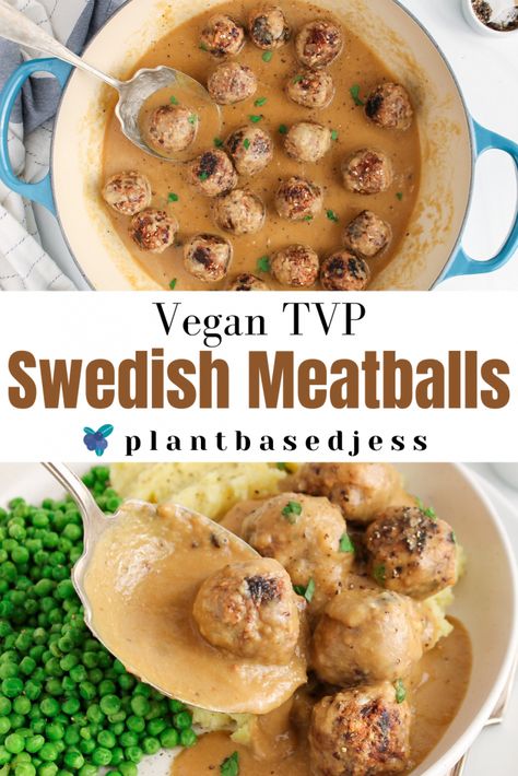 Tvp Meatballs Recipe, Vegan Tvp Recipes, Tvp Recipes Vegan, Meatballs In Gravy, Beans Plant, Vegan Swedish Meatballs, Tvp Recipes, Veggie Meat, Over Mashed Potatoes