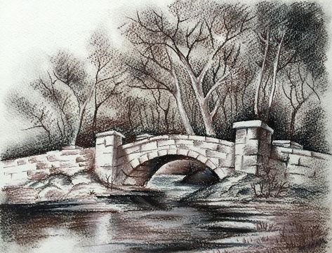 Castle Sketch, Bridge Drawing, Landscape Pencil Drawings, Nature Background Images, Image Cover, Stone Bridge, Charcoal Art, Covered Bridge, Nature Drawing