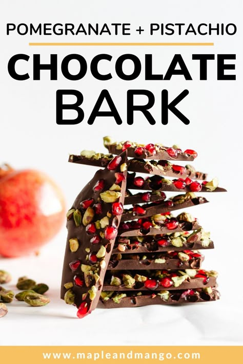 Looking for a simple yet incredibly delicious and healthy chocolate recipe? Then this chocolate bark recipe is for you! With just 4 simple ingredients, it couldn't get any easier. Dark chocolate + juicy sweet pomegranate arils + crunchy pistachios = an amazing and addictive combo of flavours and textures. Delicious at any time of year but also makes an easy and impressive looking festive treat or Christmas gift. | www.mapleandmango.com #chocolatebark #chocolate #pomegranate #pistachios Pomegranate Bark, Christmas Chocolate Bark, Pomegranate Pistachio, Pomegranate Dessert, Christmas Confections, Chocolate Bark Christmas, Chocolate Pomegranate, Edible Holiday Gifts, Dark Chocolate Bark