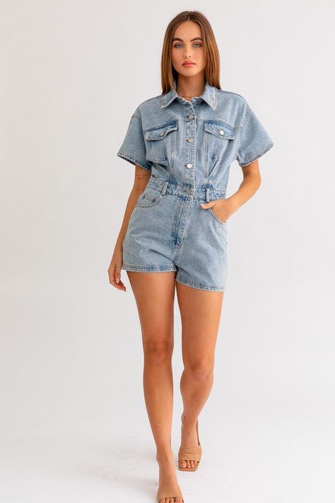 Introducing the Short Sleeve Denim Romper - a versatile and stylish addition that will elevate your wardrobe. Crafted from durable denim fabric, this romper offers both comfort and durability. The short sleeves give off a relaxed and effortless vibe, perfect for sunny days. Its one-piece design makes it easy to throw on and go, providing effortless style for any occasion. SPECIFICATIONS: Model is wearing a size small Model Specs Height: 5'8" Bust: 32 Waist: 23" Hips: 35" Measurement from a small: Bust: 16.5" Waist: 14" Length: 31" Style: Casual Print / Pattern: Denim Silhouette: Romper Fit: Regular Embellishment: Pocket Neck Line: Collar Sleeve: Short Sleeve Length: Short Closure: Button Lining: No Made In: Import Fabric Contents: 100% Cotton Non-stretch fabric Non-sheer fabric Care Instru Denim Romper Shorts, Short Sleeve Denim, Denim Playsuit, Romper Designs, Casual Chique, Jumpsuit Outfit, Short Sleeve Jumpsuits, Denim Romper, Casual Stylish