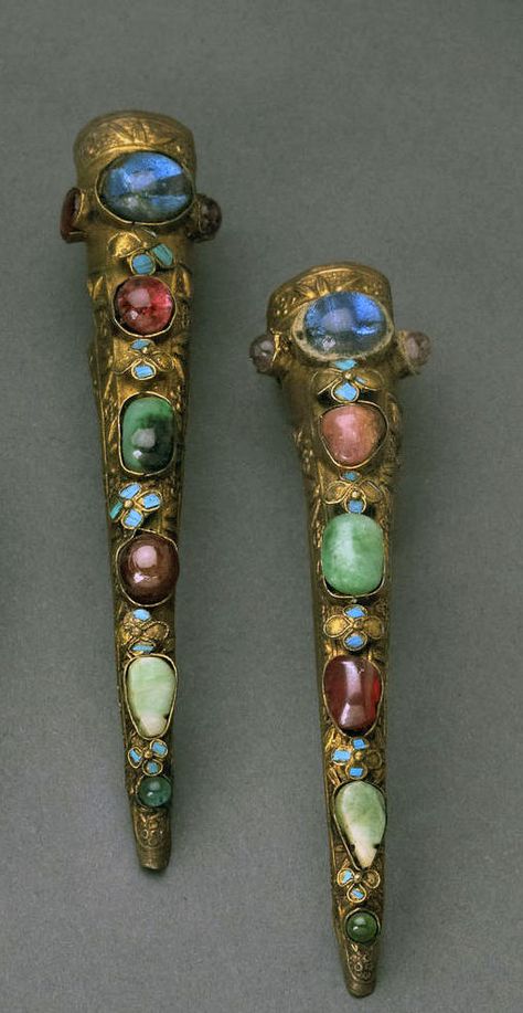 China | Pair of nail covers in gilt-washed metal mounted with colored glass and jade cabochons separated by tiny flowers covered in kingfisher feathers. | Late Qing Dynasty Qing Dynasty Jewelry, China Dynasty, Jewel Encrusted, Ancient Jewellery, Chinese Jewelry, Body Adornment, Ancient Jewelry, Ancient China, Ancient Artifacts