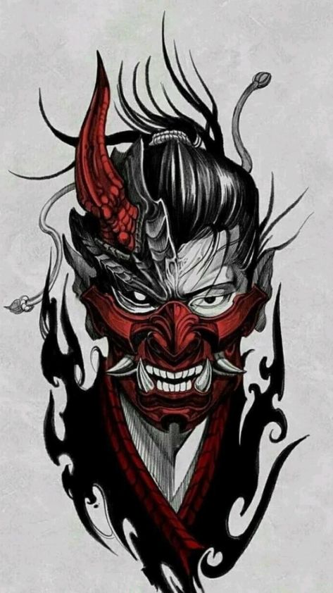 Samurai Mask Tattoo, Japanese Demon Tattoo, Guerriero Samurai, Oni Mask Tattoo, Oni Tattoo, Tato Naga, 16 Tattoo, Samurai Tattoo Design, Japan Tattoo Design