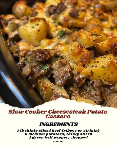 Slow Cooker Cheesesteak, Slow Cooker Steak, Cheddar Potatoes, Steak Potatoes, Easy Family Recipes, Cheese Steak, Green Bell Pepper, Crock Pot Slow Cooker, Philly Cheese Steak