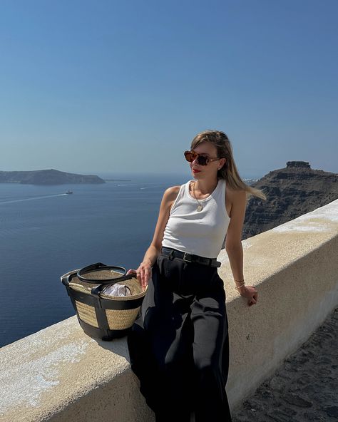 silk pants, summer look, outfit inspo, what to wear to Santorini, basket bag, demellier Demellier Santorini Bag, Silk Wide Leg Pants, Vacation Looks, Pants Summer, Simple Outfit, Silk Pants, Basket Bag, White Tank Top, White Tank