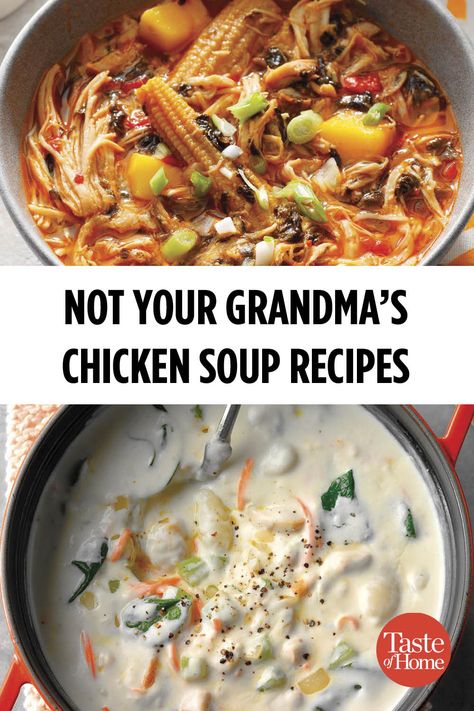 Not Your Grandma's Chicken Soup Recipes Unique Chicken Soup Recipes, Soups With Chicken, Unique Meals, Leftover Chicken Soup, Best Chicken Soup, Chicken Barley Soup, Chicken Curry Soup, Chicken Soups, Chicken Stock Recipe