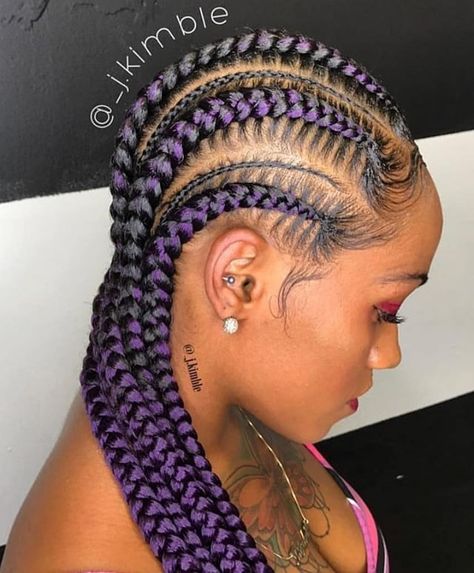 . #rp @_j.kimble  . . . #feedins #feedinbraids #feedincornrows #stitchbraids #purple #purplehair #braids #naturalhairstlyes #protectivestyles #hairstyles #hair #braids #art #jkimble Purple Cornrows, Undercut Haircut, Lemonade Braids Hairstyles, Braid Trends, African Hair Braiding Styles, Stitch Braids, Pelo Afro, Feed In Braid, Beautiful Braids