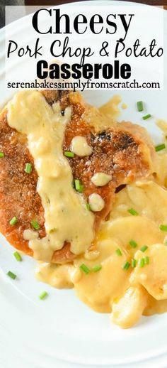 Cheesy Pork Chop and Potato Casserole an easy to make family favorite recipe! #porkchoprecipes Butterfly Pork Chop Recipes, Pork Chop Potato Casserole, Pork Chop And Potato Casserole, Pork Chop Casserole Recipes, Cheesy Pork Chops, Oven Casserole Recipes, Pork Chop Casserole, Recipe Casserole, Pork Chops And Potatoes