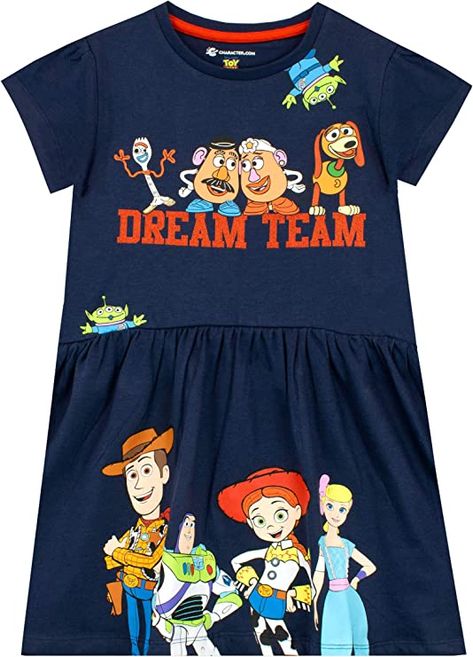 A classic navy outfit featuring 'Dream Team' in red glitter with Slinky, Forky and aliens on the top, teamed up with a gathered skirt that has a print of Toy Story favourites Woody, Jessie and Buzz! Perfect for Gifting for Birthday, Spring Easter Gift Basket Idea, Summer Beach Clothes, Christmas gift and more! Jessie And Buzz, Woody And Jessie, Girls Sportswear, Toy Story Characters, Mr Potato, Pizza Planet, Mike Wazowski, Girls Swimwear, Navy Outfit