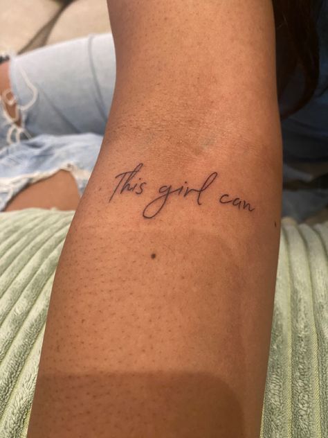 A tattoo on forearm reads ‘This girl can’ Empowering Women Tattoos, Passion Tattoo Word, Inner Peace Tattoo, Simple Girl Tattoos, Peace Tattoo, Empowering Tattoos, Peace Tattoos, Girl Power Tattoo, Pretty Tattoo