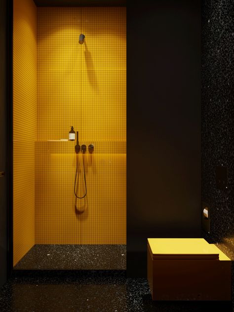 Yellow And Black Bathroom, Dark Grey Kitchen Cabinets, Grey Bar Stools, Dark Grey Kitchen, Grey Interior Design, Small Toilet, Bathroom Redesign, Dining Room Combo, Yellow Interior