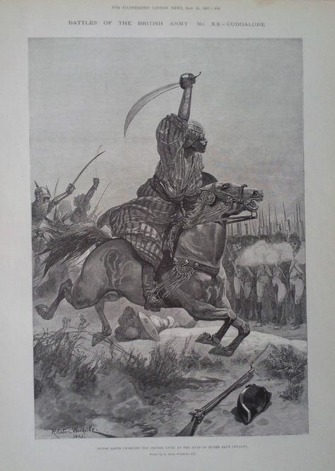 Tippoo Sahib Charging the British Lines at the Head of Hyder Ali's Cavalry Hyder Ali, Egyptian Era, Golden Horde, Semitic Languages, Chinese Warrior, Art Aesthetics, Blue Green Eyes, History Of India, Indian Language