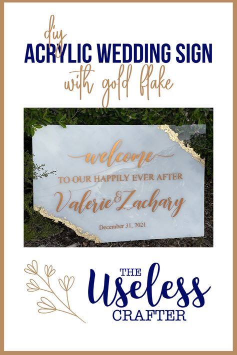 Gold flakes, a beautiful font, acrylic … perfect for a wedding sign 🍾🎊🎉 DIY Wedding Acrylic Sign - it’s so easy with a drawn out template underneath! Add the gold flakes and paint - which would be almost impossible to mess up… you have a beautiful wedding sign … or graduation sign…or party sign. Wedding Sign Acrylic Paint, Acrylic Wedding Signs Gold Foil, Wedding Welcome Sign Acrylic Paint Diy, Gold Leaf Wedding Decor, Acrylic Sign Painted Back, Gold Leaf On Acrylic Sign, Welcome Acrylic Wedding Sign, Gold Leaf Wedding Sign, Gold Foil On Acrylic Sign