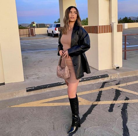 Blazer With Black Dress, Black Dress And Boots, Dress Black Boots, Dress And Boots, Faux Leather Blazer, Black Leather Blazer, Tan Dress, Black Boots Tall, Tan Dresses