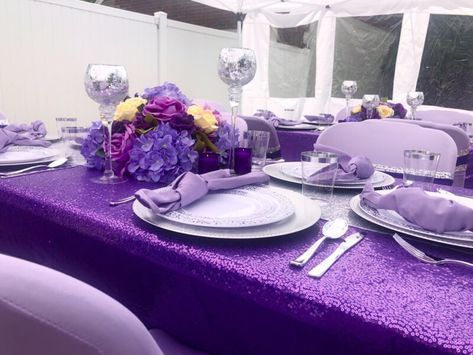 Beaded Charger Plates, Lavender Chair, Lavender Theme, Purple Tablecloth, Event Decor Ideas, Party Decorations Table, Purple Chair, Long Stem Roses, Hydrangea Bush