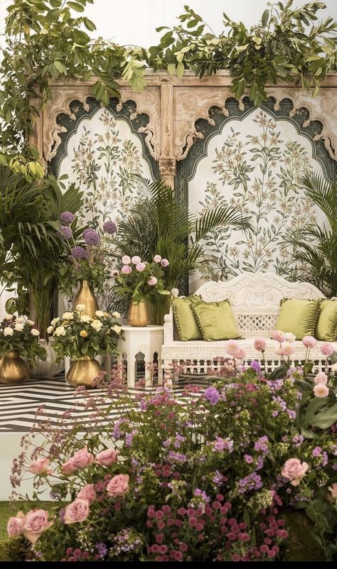 Mehendi Decor Luxury, Indian Garden Party, Indian Engagement Aesthetic, Garden Wedding Indian, Desi Wedding Color Schemes, Aesthetic Event Decor, Mughal Theme Wedding Decor, Nikkah Flowers, Outdoor Engagement Decorations