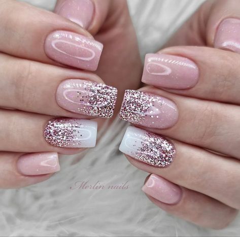 White Acrylic Nails With Glitter, Pink And White Nails, Pink Wedding Nails, Blush Pink Nails, Pink White Nails, Engagement Nails, Glitter Nails Acrylic, Bridal Nail Art, White Acrylic Nails