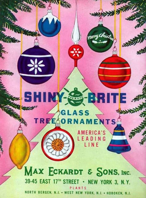 Christmas Ads, Shiny Brite Christmas, Retro Christmas Decorations, Aluminum Christmas Tree, Yarn Hanging, Shiny Brite Ornaments, Christmas Ephemera, Gift Drawing, Christmas Ad