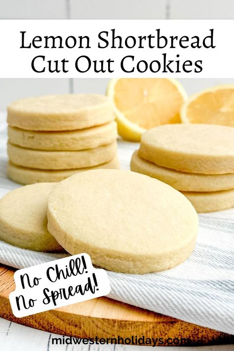 Lemon Cut Out Cookies are soft, buttery, lemon shortbread cookies bursting with fresh lemon flavor that require no chilling and hold their shape perfectly when baked. Lemon cut out cookies are perfect for Easter, Valentine's Day, or Christmas cookie platters. Lemon Cutout Cookies, Lemon Shortbread Cookie Recipe, Christmas Cookie Platters, Cookie Platters, Decorated Christmas Cookies, Easy Buttercream Frosting, Shortbread Cookies Easy, Lemon Shortbread, Lemon Shortbread Cookies