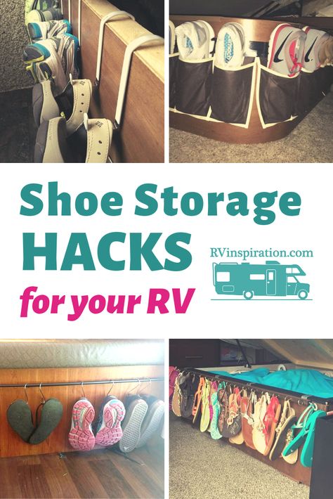 Ideas for storing and organizing shoes in your RV, camper, or motorhome | RVinspiration.com #rvorganization #rvcamping #rvstorage #rvlifehacks #rvhacksrvorganization Rv Living Organization, Shoe Storage Hacks, Rv Life Hacks, Shoe Storage Small Space, Shoe Organization, Camper Organization, Camper Hacks, Beach Hacks Clever Ideas, Travel Trailer Camping