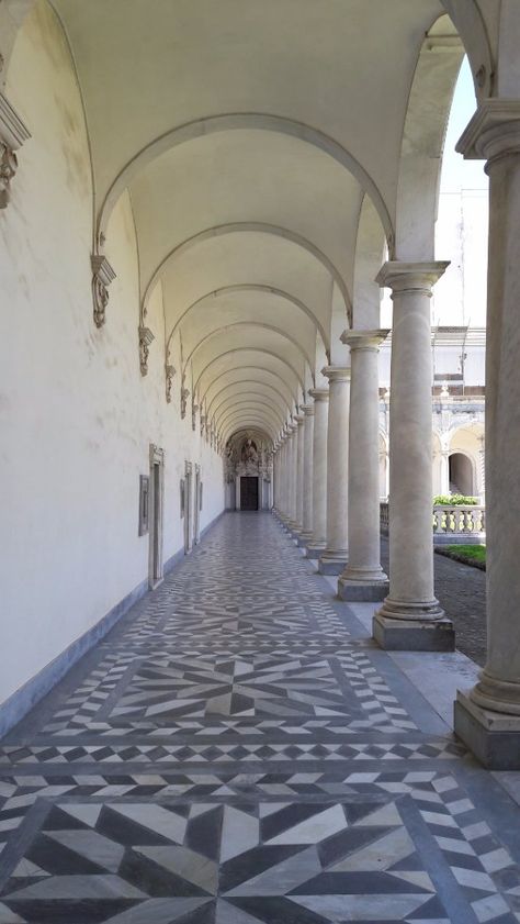 Certosa di San Martino, Naples.  Aisle in the great cloister, grey and white marble flooring. Castle White Aesthetic, White Cathedral Aesthetic, Ashes Aesthetic, White Marble Castle, White Marble Flooring, Marble Building, Marble Palace, Marble Palace Kolkata, Marble City