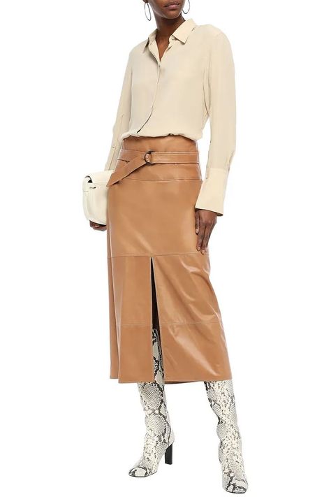 Belted leather midi skirt Color: Light brown Brown Leather Skirt, Designer Midi Dresses, Leather Midi Skirt, Light Brown Leather, Active Wear Outfits, Bag Dress, Brunello Cucinelli, Skirts For Sale, Skirt Outfits