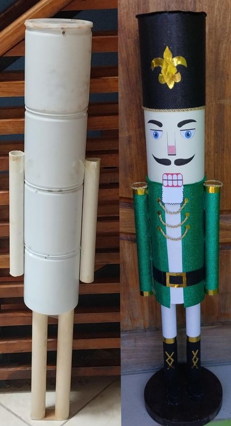 Made from small buckets,pvc pipes and foamy Nutcracker Display Ideas, Diy Nutcracker, Christmas Toy Soldiers, Outdoor Christmas Tree Decorations, Christmas Classroom Door, Nutcracker Christmas Decorations, Cardboard Crafts Diy, Pvc Pipes, Outdoor Christmas Tree