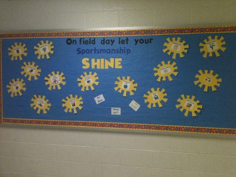 On field day let your sportsmanship SHINE bulletin board Pto Bulletin Board, Physical Education Bulletin Boards, Pe Bulletin Boards, Field Day Activities, Bulletin Boards Theme, Bulletin Board Paper, Pe Ideas, Fun School, Bulletin Board Ideas