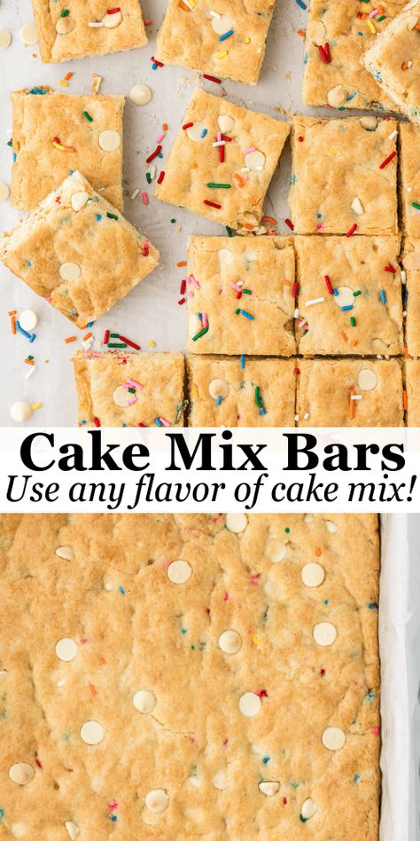 I am giving you not one, not two, but thirteen different flavor combinations for these cake bars! Made in less than 30 minutes, with just four base ingredients (and whatever add-ins you want), these soft, chewy cake mix cookie bars are always a huge crowd-pleaser! White Cake Mix Cookies, Chewy Cake, Cake Mix Bars, Cake Mix Brownies, Easy Dessert Bars, Cake Mix Cookie, Cake Mix Cookie Bars, Cake Box Cookies, Recipes Using Cake Mix