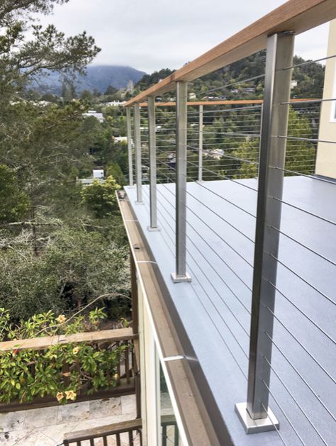 Concrete Patio Wood Steps, Exterior Cable Railing, Cable Fence, Deck Stairs Cable Railing, Deck Fencing, Steel Conduit Deck Railing, Cable Fencing, Stainless Steel Stair Railing, Novato California