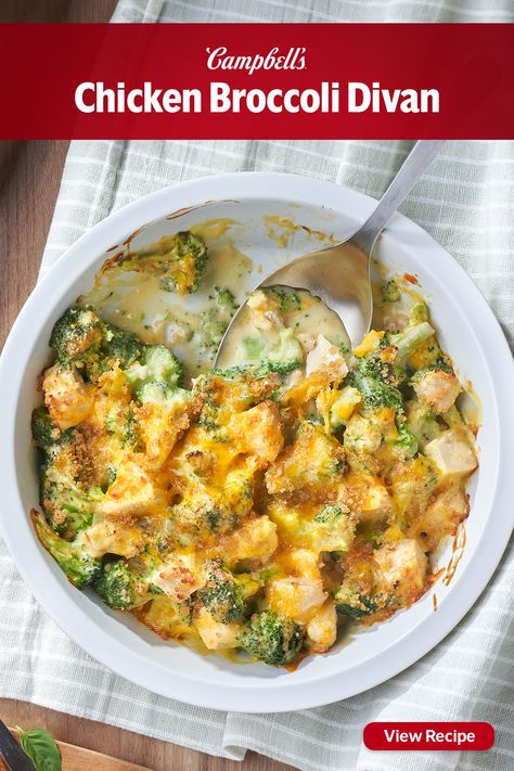 Chicken Broccoli Divan is a perfect weeknight recipe- it's got both protein and vegetables in one dish and it's oven-ready in 10 minutes or less. It also uses ingredients you already have on hand and is a great way to use up leftover cooked chicken. Just layer the chicken and broccoli in a pie plate and smother with the creamy, savory sauce.  The cheese and buttered breadcrumbs baked on top make Chicken Broccoli Divan look and taste even more delicious! Cream Of Chicken Soup Chicken Recipes, Campbells Cream Of Chicken Soup Recipes, Cambell Recipes Cream Of Chicken, Campbells Cream Of Chicken Recipes, Campbells Soup Recipes Chicken, Campbell Soup Recipes, Recipes With Chicken Thighs, Campbell Recipes, Cream Of Chicken Soup Recipes