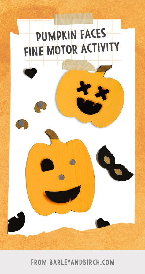 A cardboard pumpkin patch pumpkin face preschool activity October Preschool Activities, Pumpkin Patch Preschool, Cardboard Pumpkin, Pumpkin Activity, October Preschool, Face Play, Fine Motor Skills Activity, Motor Skills Activity, Halloween Activities Preschool