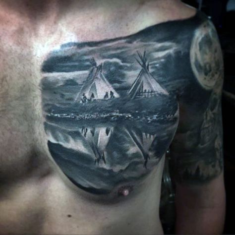 Males Chest Grey Colored Camp Night Realism Tattoo Native American Chest Tattoo, American Chest Tattoo, Realism Tattoo Ideas, Native American Tattoo, Native American Tattoos, Native Tattoos, Hand Tats, Cool Chest Tattoos, Pieces Tattoo