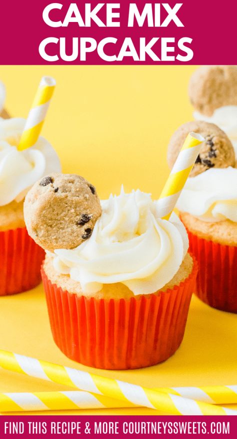 Cake Mix Cupcakes of Milk and Cookies - How to improve boxed cake mix by doctoring up with ingredients. Best Cake Mix, Cake Mix Cupcakes, Fluffy Cupcakes, Cookie Birthday Party, Mini Chocolate Chip Cookies, Cookies Theme, Homemade Chocolate Cake, Boxed Cake, Milk And Cookies