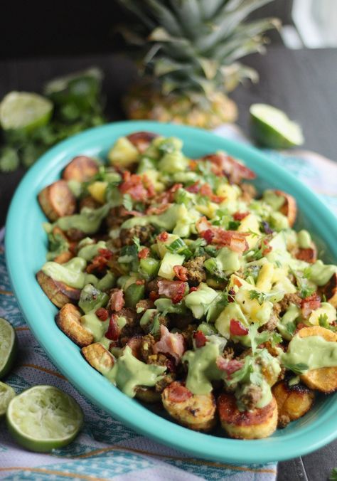 Loaded Tropical Plantain Nachos (AIP, Paleo) | Fed and Fulfilled Plantain Nachos, Avocado Lime Crema, Fried Plantain Recipe, Kiwi Salsa, Salsa Avocado, Lime Crema, Plantain Recipes, Superbowl Appetizers, Salsa Ingredients