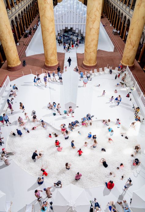 Inside Snarkitecture’s Spectacular Fun House In Washington DC - OPUMO Magazine Party Installation, Summer Installation, Mind Electric, Summer Block Party, Rockwell Group, National Building Museum, Marble Pillar, Fun House, Parallel Lines