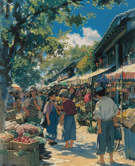 early morning crowd on the grocery market 🍎🍋🍞🥖🫑🥩 🔗 https://linktr.ee/whimcity 💻 created with MidJourney & Topaz Gigapixel ⠀⠀⠀⠀⠀⠀⠀⠀⠀ 🔗 #chillvibes 🔗 #studioghibli 🔗 #aiartcommunity 🔗 #animelover 🔗 #animeart 🔗 #sunsetlovers 🔗 #lofi 🔗 #japanlover Grocery Market, Pretty Landscapes, Book Drawing, Ghibli Art, Comic Style, Cool Wallpapers Art, Landscape Drawings, Art Collage Wall, Anime Aesthetic