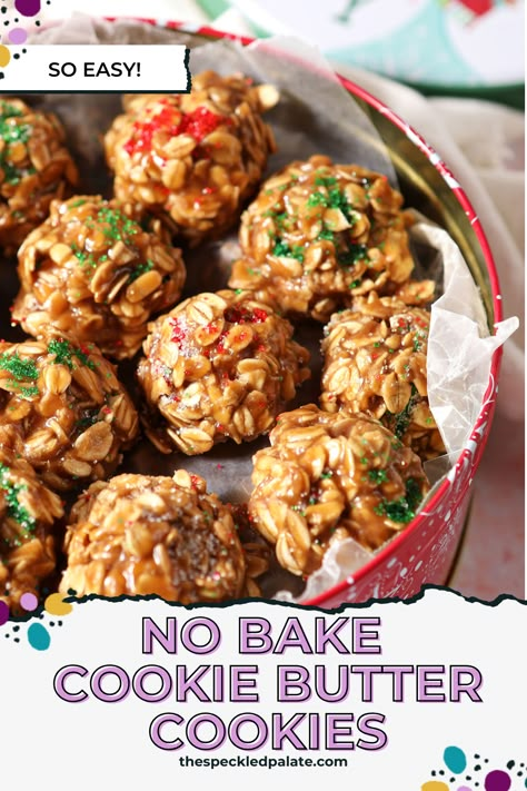 If you love cookies but don't want to turn on the oven, make No Bake Cookie Butter Cookies! These no bake cookies are made without peanut butter and highlight gingerbread flavors from cookie butter! Learn how to make and share these easy cookies for any occasion. #SweetestSeasonCookies #EasyEntertaining #SpeckledPalate Not Bake Cookies, Cookie Butter Desserts, Boiled Cookies, Cookie Butter Cookies, Christmas Cookies And Candy, Christmas Cookie Exchange Recipes, Cookie Exchange Ideas, Best Easy Dessert Recipes, Buttery Sugar Cookies