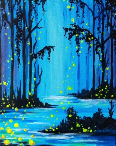 Wood Round Painting, Ladies Paint Night, Black Light Painting, Library Painting, 4th Of July Projects, Firefly Painting, Firefly Forest, Mini Canvas Paintings, Starfish Painting